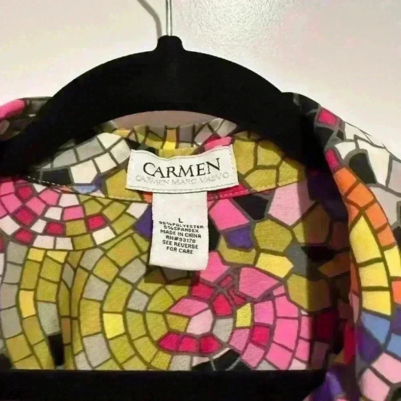 Carmen Marc Valvo Retro Stained Glass Print Floral Silk Blouse. Size L - Picture 3 of 4